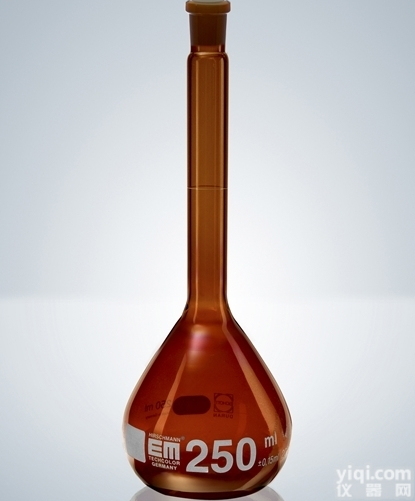 class A级  德国进口Hirschmann赫<em>施曼</em>棕色玻璃<em>容量瓶</em>带NS聚乙烯瓶塞