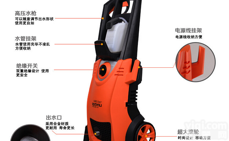亿力 5.32<em>自吸式</em>高压<em>清洗机</em>220V家用高压<em>洗车机</em>电动便携洗车器水枪 橘色